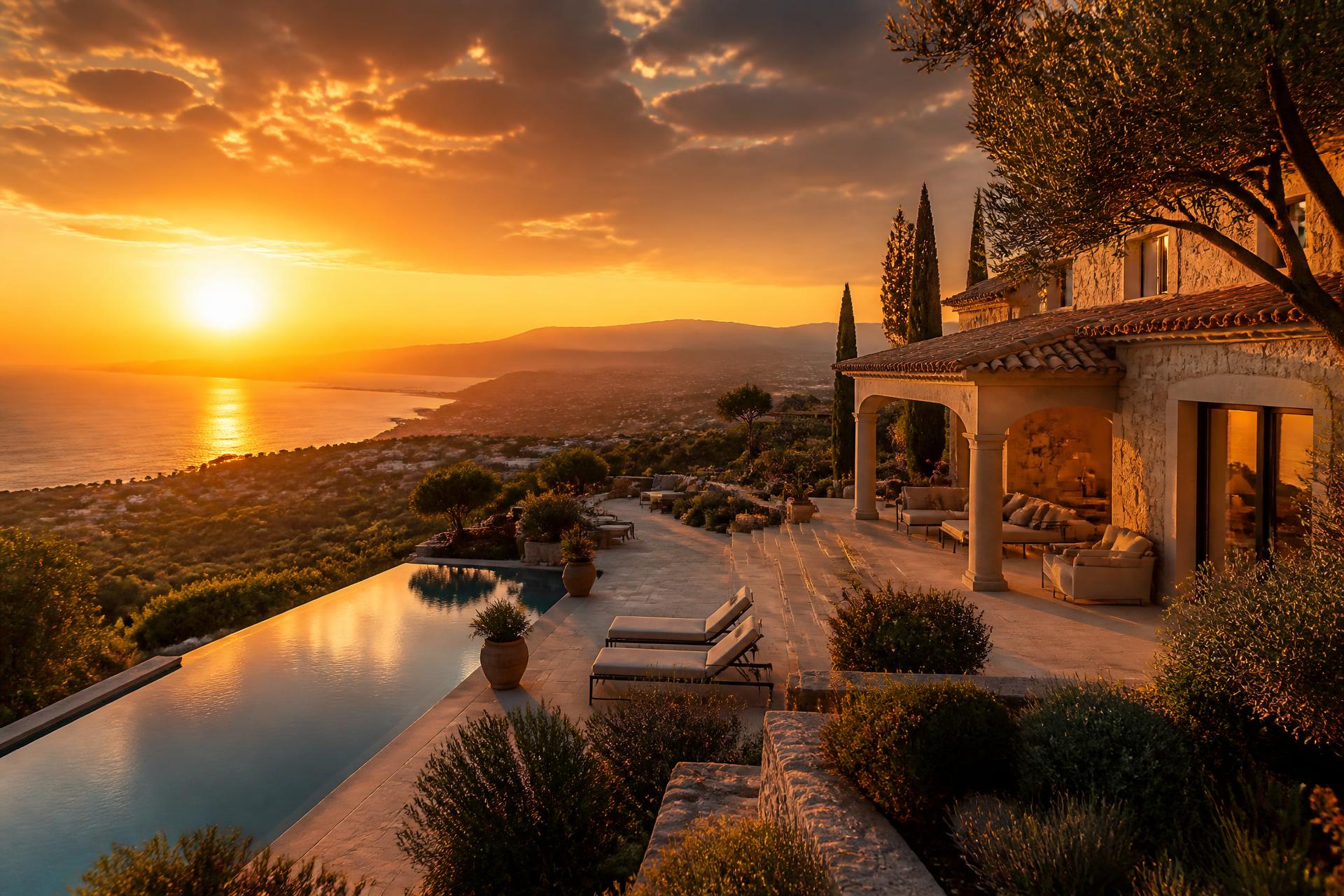 Villa contemporaine méditerranéenne au coucher du soleil sur le littoral des Pyrénées-Orientales